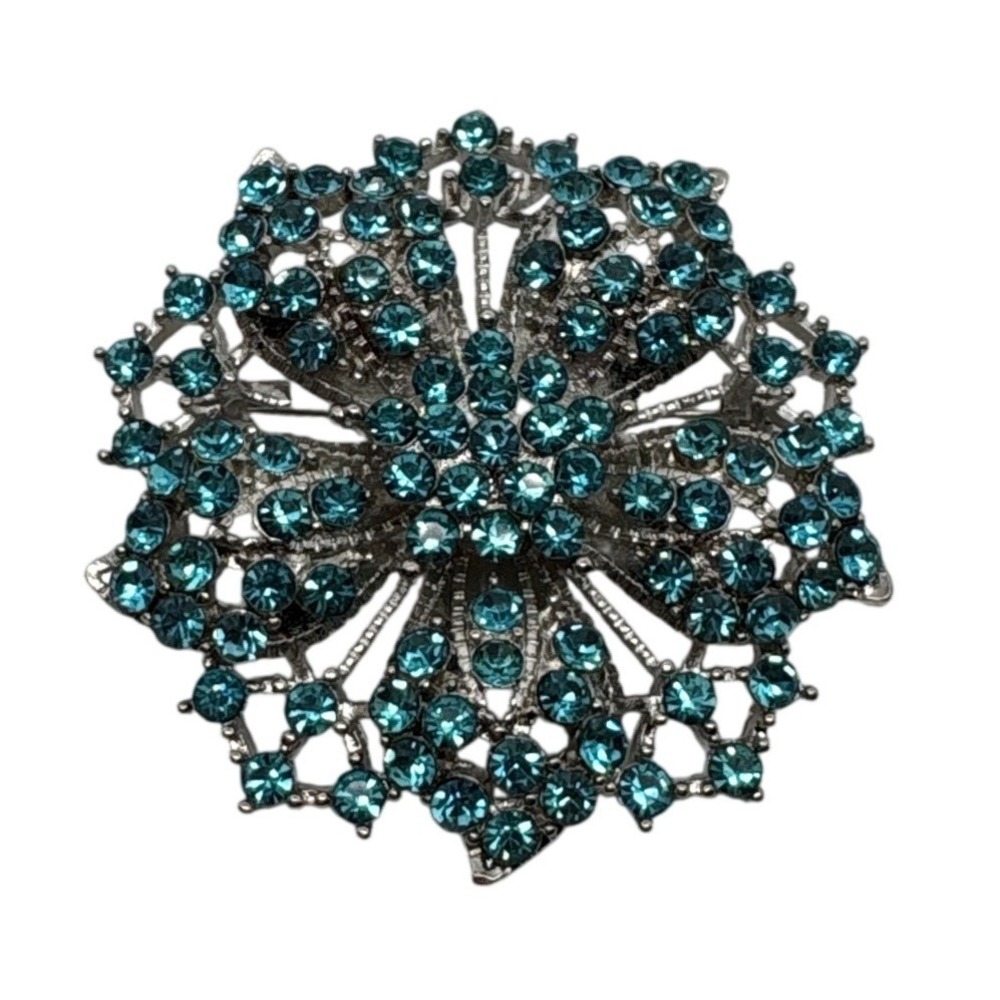 Teal Blue Rhinestone Silver Tone‎ Floral Starburst Brooch Pin Statement Jewelry